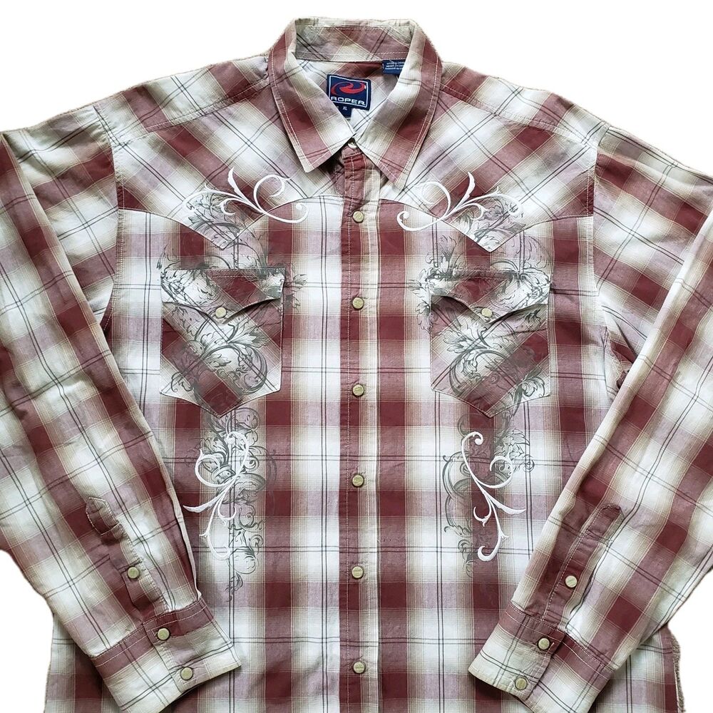 Vintage Roper Embroidered Pearl Snap XL Mens Plaid Button Up Long Sleeve Shirt